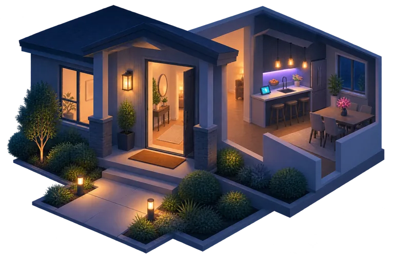 A front entry at night from outside, the porch sconce and hallway light on, warm and welcoming