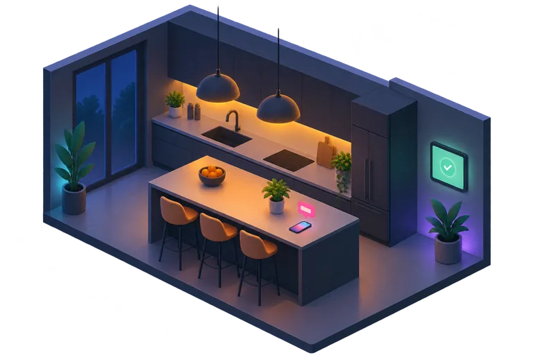 A quiet evening kitchen, the wall tablet showing a calm green all-is-well screen, a phone on the counter with one short message