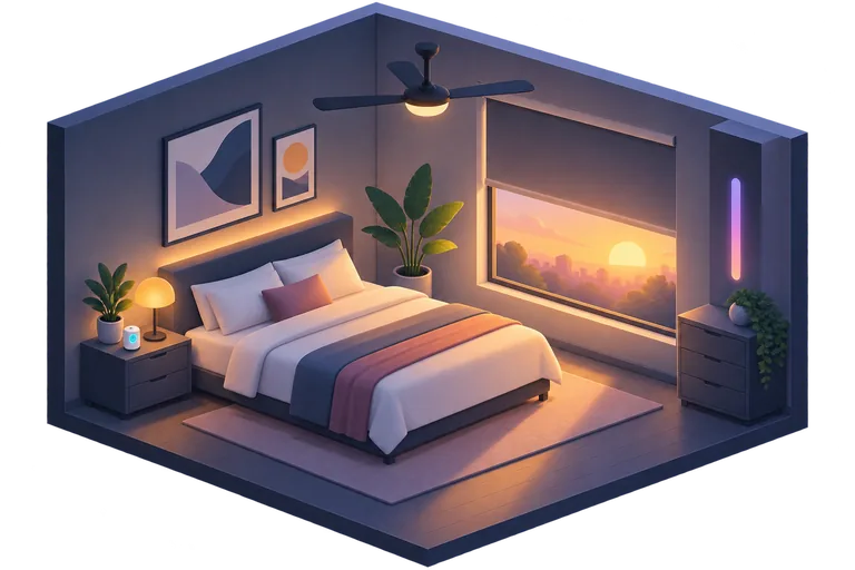 A bedroom at sunrise, a motorised shade half-raised letting in light, a ceiling fan turning slowly