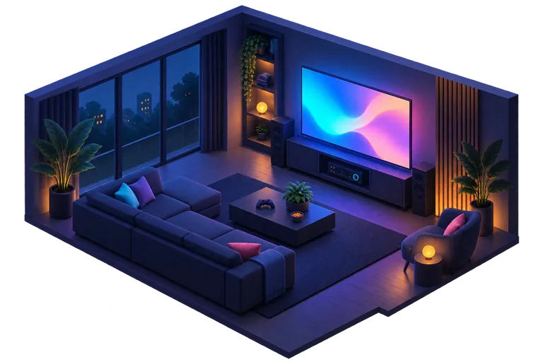 A living room set for a film: TV glowing, receiver lights on, controllers on the table, lights dimmed to a deep blue