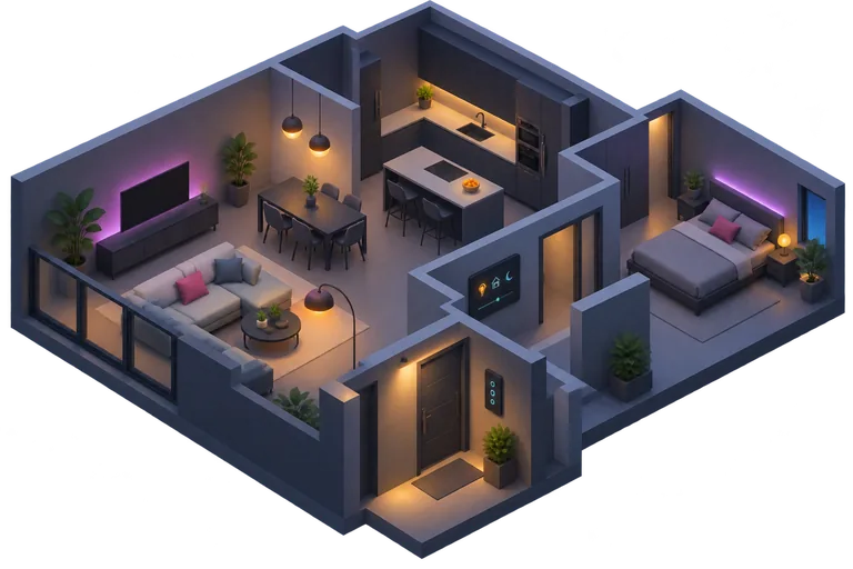 A hallway wall with a small five-button keypad, and a kitchen tablet showing the house, softly lit