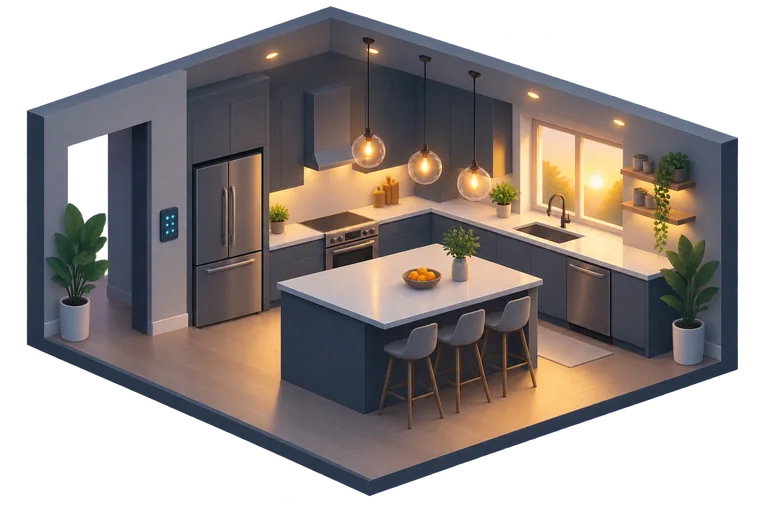 A kitchen in morning light, ceiling fixtures warm and bright, island pendants glowing, a keypad on the wall