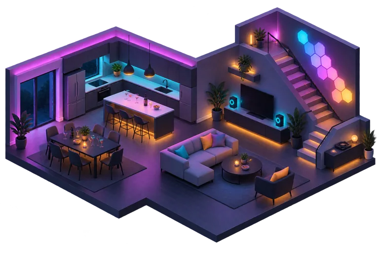 An open kitchen and living room at night in party colours, pink and violet ceilings, a lit staircase panel wall, speakers glowing