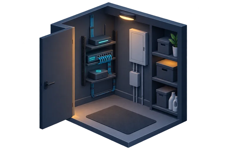 A tidy utility closet with a small rack: router, switch and the home’s brain, cables neatly dressed, a soft cyan indicator glow