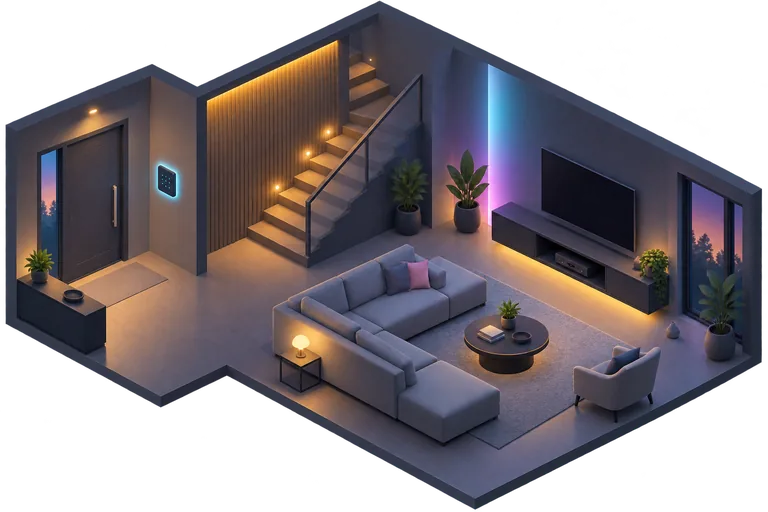 A calm modern living room at dusk, warm lights on, a wall keypad by the door, every device quietly in sync